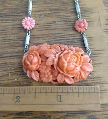 Antique coral colored Rose molded glass & Rhodium Plated Deco Necklace Pendant