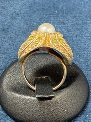 Vintage Cocktail Dome Ring Adjustable Pearls Green Rhinestones Gold Tone Size 7