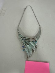 VTG Enamel Silver Tone Necklace With Crystals Adjustable Length Statement Blue