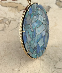 Large Vintage 14K Gold Rope Design Opal Mosaic Statement Pendant 2 5/8″ length