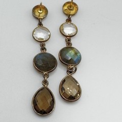 Dangle Gemstone Earrings Gold Over 925 Labradorite Smoky & Clear Quartz 2in Drop