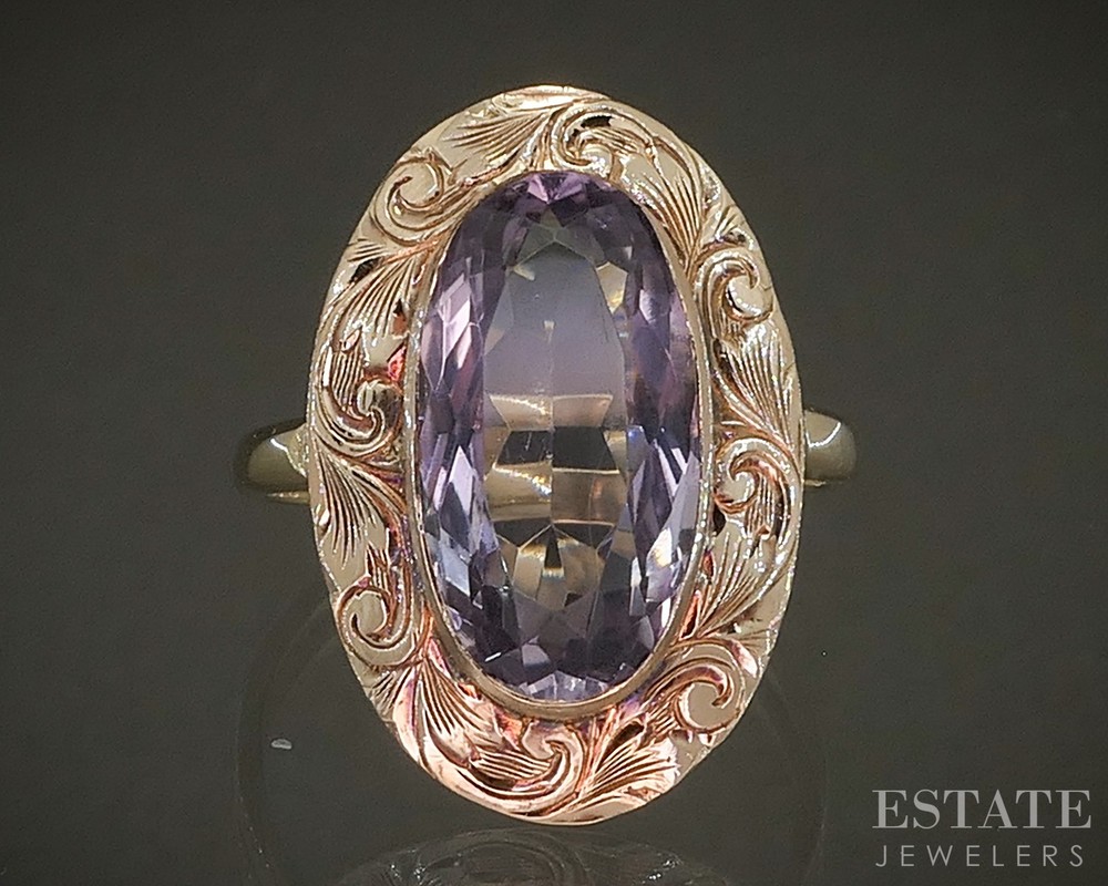 Vintage 14k Yellow Gold Oval Natural Amethyst Shield Ladies Ring 3.1g p26107