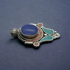 Tibetan Nepal Jewelry Ethnic Handmade Turquoise Coral Lapis Nice Brass Pendant
