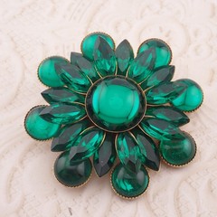 Vintage Vivid Green Marquise Rhinestone Cabochon Gold Tone Layered Pin Brooch