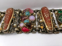 Attributed to Selro Selini Confetti Lucite Panel Bracelet w/Rhinestones, Pearls
