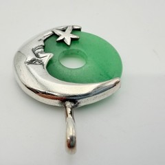 Vintage Crescent Man in the Moon Sterling Silver And Jade Jadiete Pendant NOS