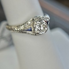 Art Deco Old European Cut Diamond Sapphire Engagement Ring