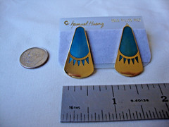 VINTAGE SAMUEL HUANG DESIGNER CLOISONNE RETRO ABSTRACT TEAL ENAMEL STUD EARRINGS