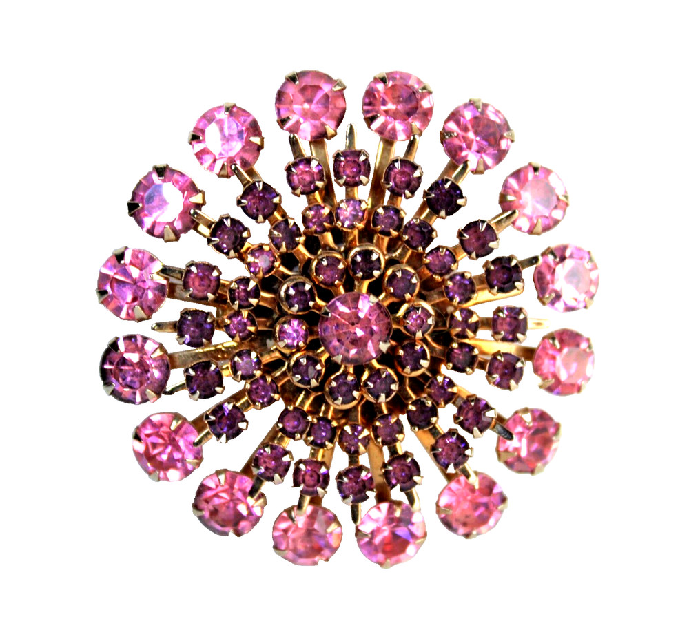 Pink Rhinestone Vintage Circular Burst Sparkling Gold Tone Brooch Unsigned Round