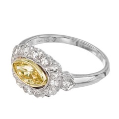 Vintage 1940 Natural Fancy Intense Yellow .65ct Marquise Platinum Diamond Ring