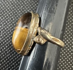 Vintage 10k Filled Toned Yellow Honey Brown Tigers Eye Oval Ring Boho Size 4.5