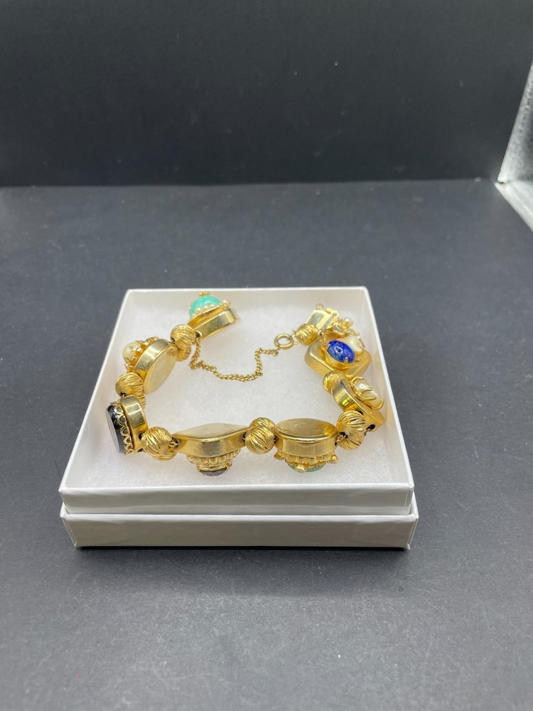 Vintage Corocraft Gold Tone Victorian Gemstone Sliding Charm Bracelet Sz 8.75