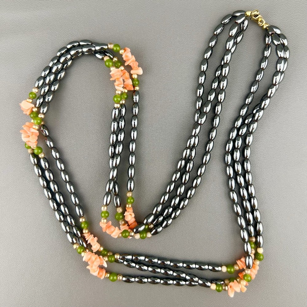 Vintage Beaded Necklace Hematite Shell Aventurine Triple Strand Gold Tone 24”