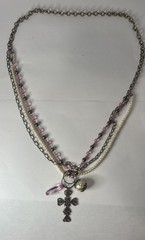 Vintage Y2K Bronze Layered Faux Pearl Pink Crystal Cross Charm Necklace Boho 36″