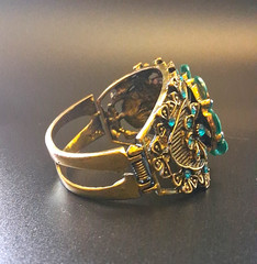 Victorian Style Filigree Cuff Bracelet Wide Blue Rhinestone Faux Turquoise