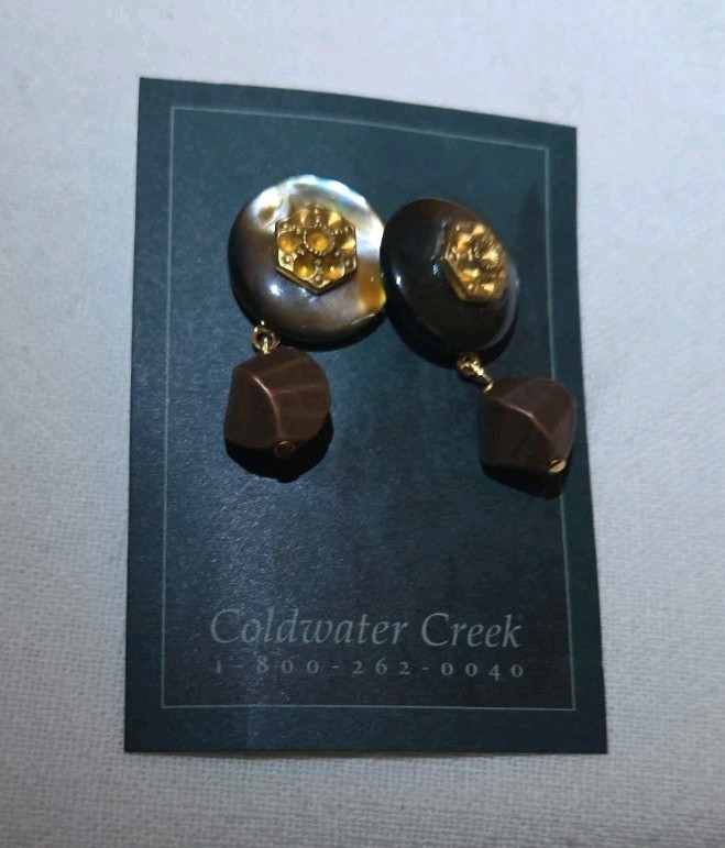 Vintage Coldwater Creek Pierced Dangle Earrings Abalone Shell Hexagon Gold Tone