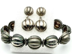 Vintage Italy 925 Sterling Silver Orb Bracelet Earrings Set Ribbed Modernist 30g