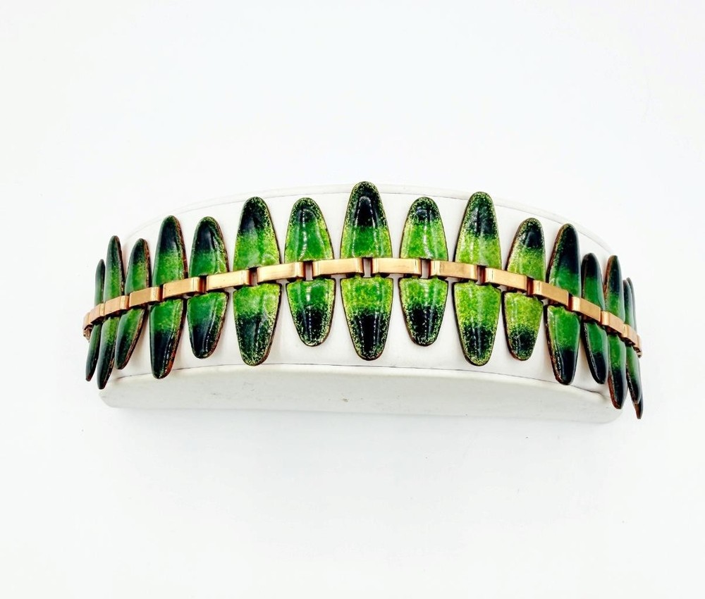 Vintage Signed Matisse Renoir Green and Black Enamel Wide Link Bracelet