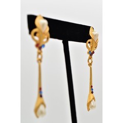 Vintage Pearl Crystal Dangle Earrings Drop Brushed Gold Matte NOS 1980s BinBK