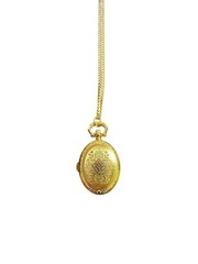 Vintage Clock Necklace Oval Etched Quartz Pocket Watch Pendant Gold Tone 28 Inch