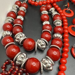 Vintage Red Pink Jewelry Lot 6 Necklaces 3 Earrings Chunky Beaded Statement