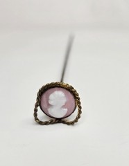 Antique 6.25″ Pink and White Shell Portrait Cameo Hat Pin Set in Brass
