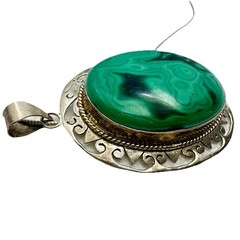 Sterling Silver & Malachite Statement Artisan Pendant Chain Necklace Handmade