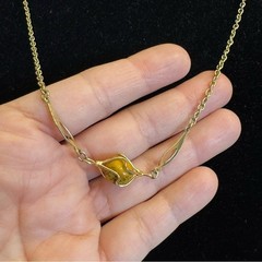 Vintage Gold Tone Wire Caged Gemstone Station Necklace 50″ Long MCM Jewelry
