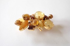 Vintage Signed Austria Cluster Style Brooch W/ Amber Yellow Brown Glass Cabochon