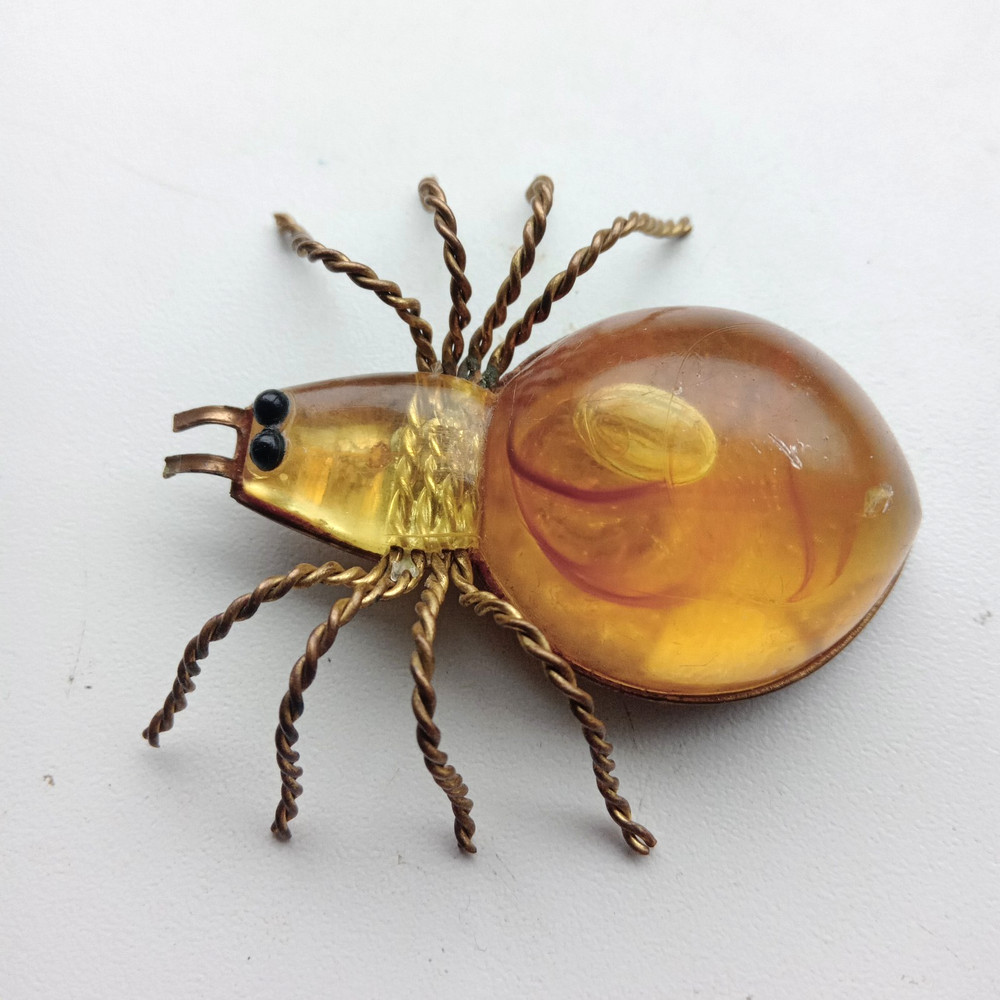 Vintage Spider Brooch Amber Color Resin. Made in the USSR