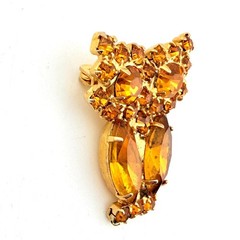 Vintage Amber Rhinestone Owl Brooch Lapel Pin Animal Bird Lover Statement Retro