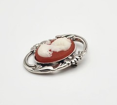 Jezlaine Vintage Sterling Silver Red/White Lucite Floral Frame Cameo Brooch Pin