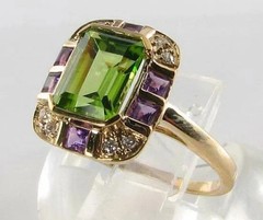 Art Deco 3Ct Emerald Cut Peridot Amethyst Lab Created Diamond 14K Gold FN Ring
