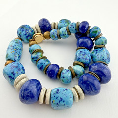 Vintage Chunky Artisan Blue Glazed Ceramic Bead Statement Necklace