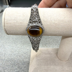 Vintage Bracelet Filigree Silver Tone Tiger Eye Center Stone Adjustable