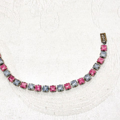BRACELET pastel blue pink glass faux gem silvertone metal box clasp vintage 7″ c