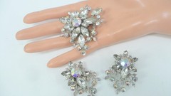 Estate Vintage Judy Lee Brooch, Matching Clip-On Earrings, AB Rhinestones