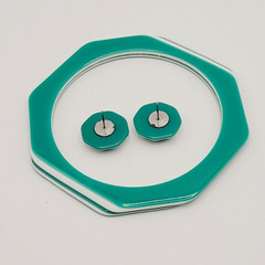 Green w White Stripe Octagon Shape Vintage Pierced Earrings Bangle Bracelet Set