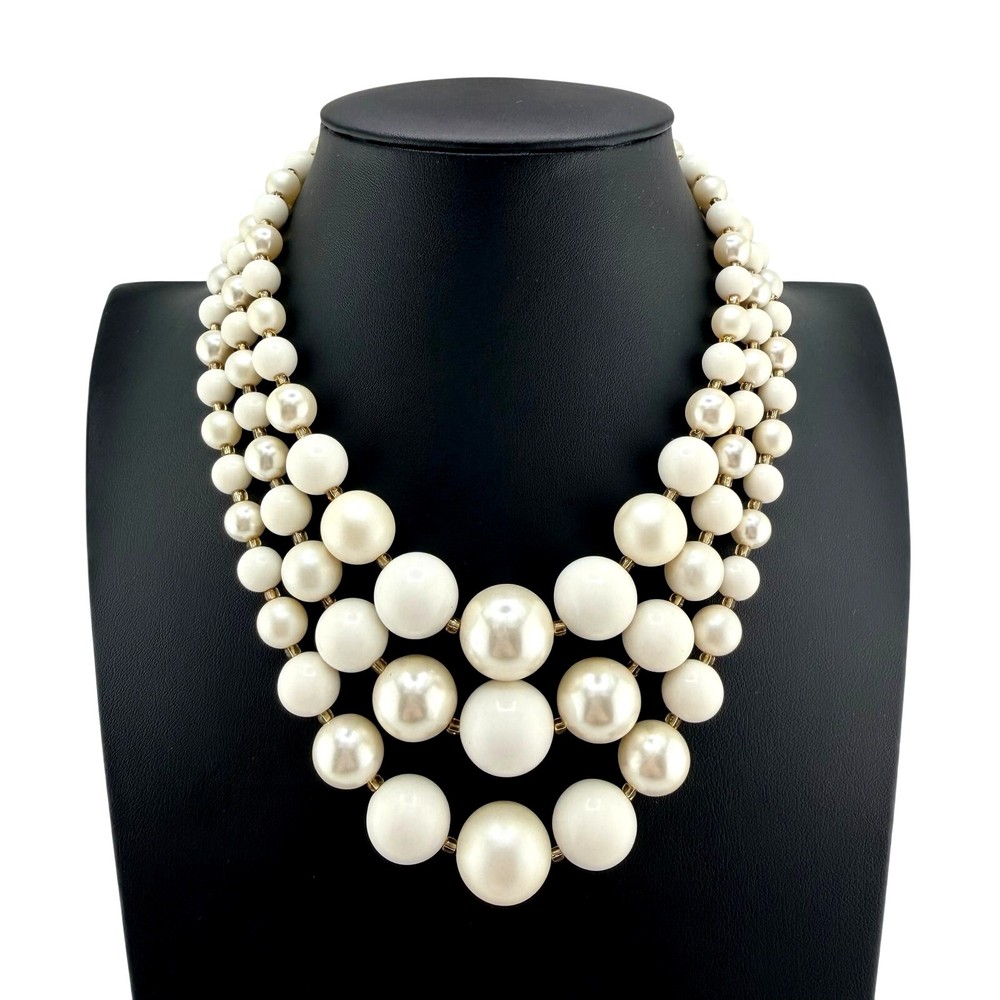 Vintage MCM 1950s 1960s Japan Layered Triple Strand Beads Gold Tone 16″ Necklace