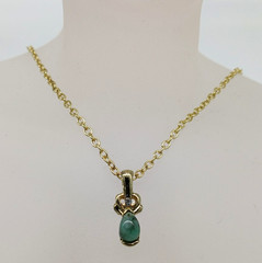 Faux Jade Green Oval Cabochon Gold Tone Pendant Chain Necklace Rhinestone Accent