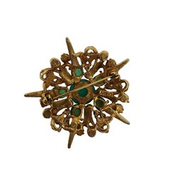 Vintage ART ARTHUR PEPPER Gold Tone Green Rhinestone Faux Pearl Brooch Sunburst