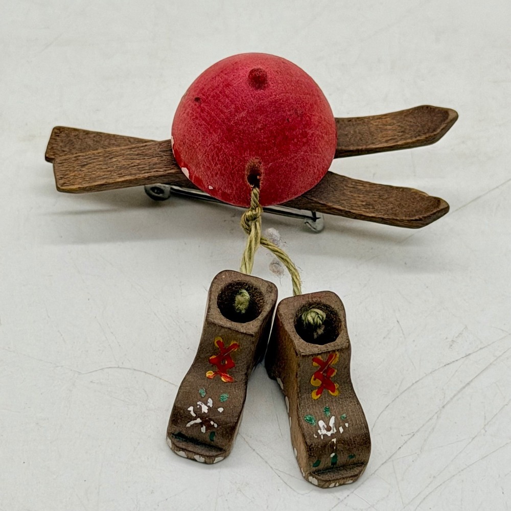 Vintage Wooden Ski Brooch Hand Painted Boots Alpine Winter Jewelry Vintage