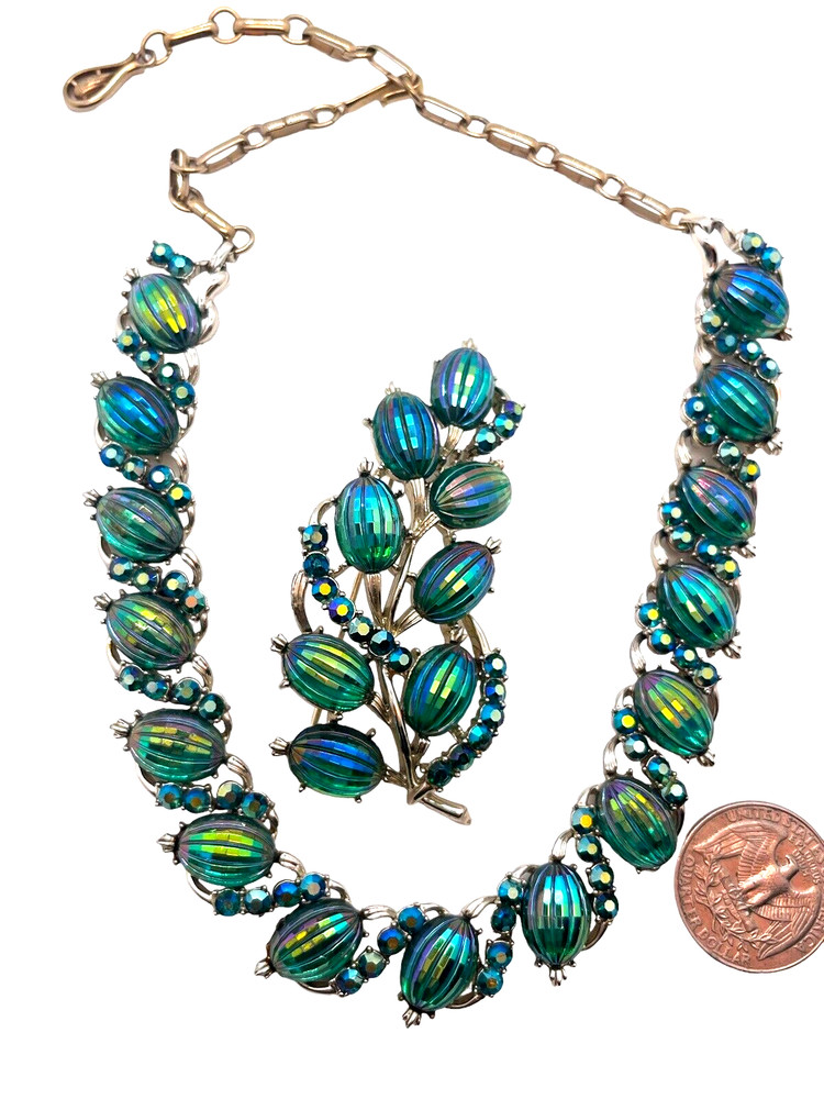 Stunning Vintage CORO Iridescent Peacock Molded Melon Stone Necklace & Brooch