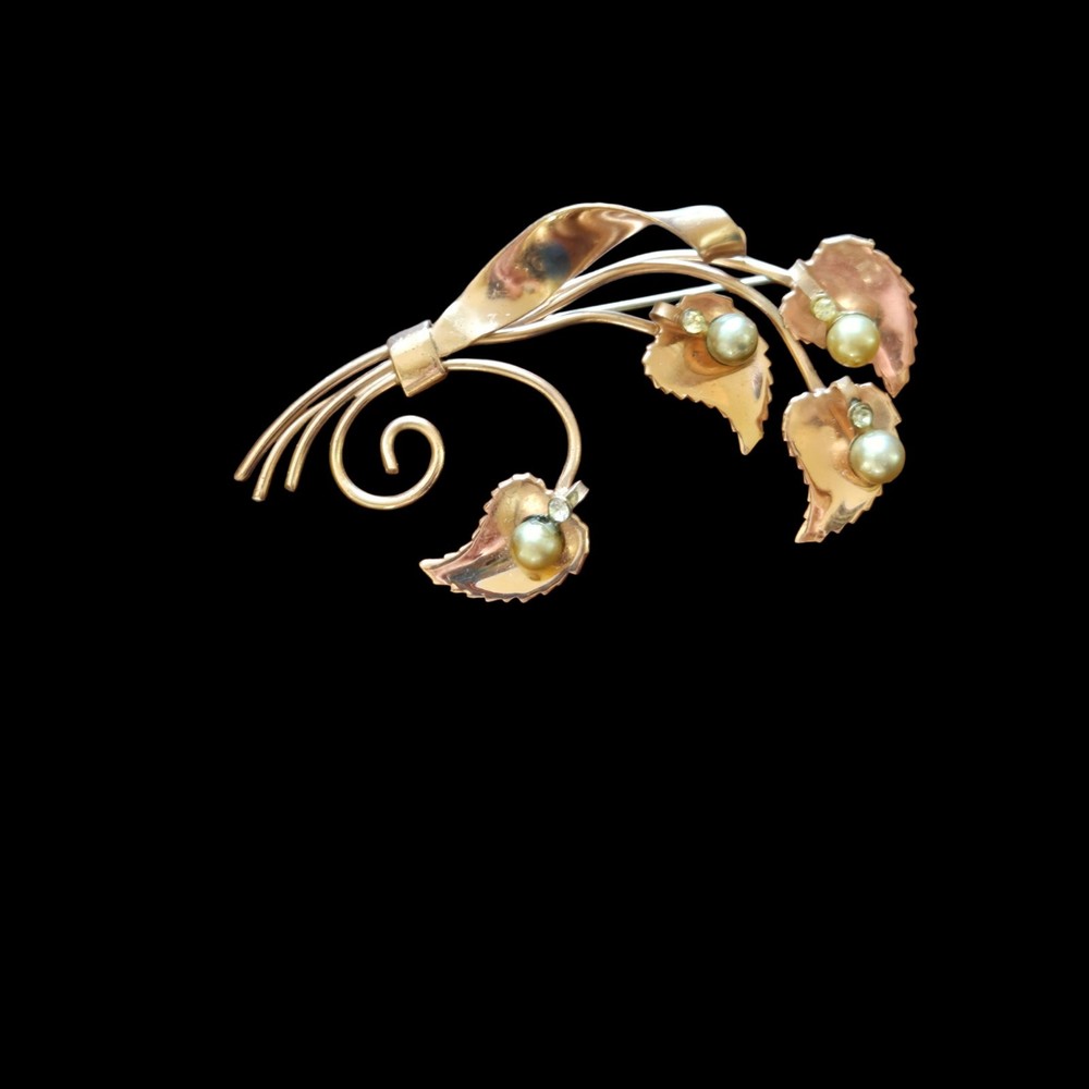 Large Rose Gold-plate Pearl Rhinestone Brooch Dimensional 3.25″ Mid-century