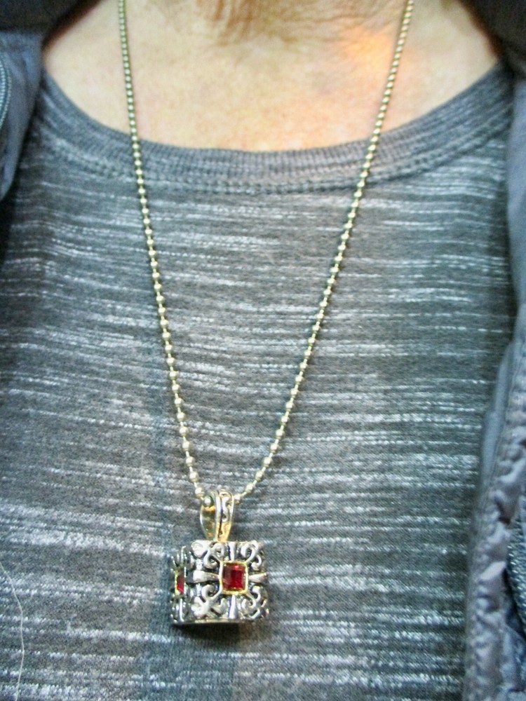 Vintage Bead Ball Chain w/Red Rhinestone Square Slide Necklace