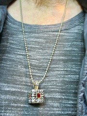 Vintage Bead Ball Chain w/Red Rhinestone Square Slide Necklace