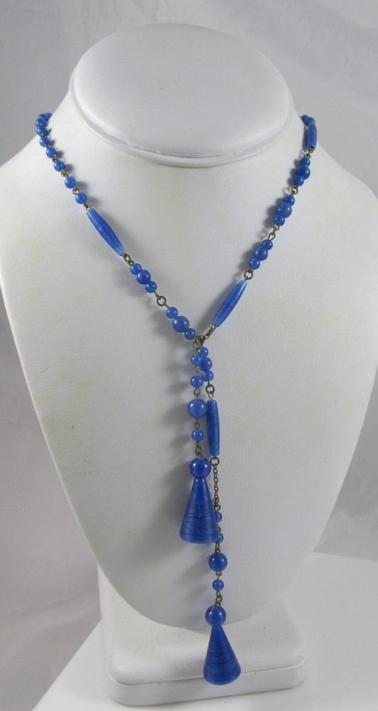Antique Czechoslovakia Art Glass Royal Blue Glass Beads & Brass Lariat Necklace