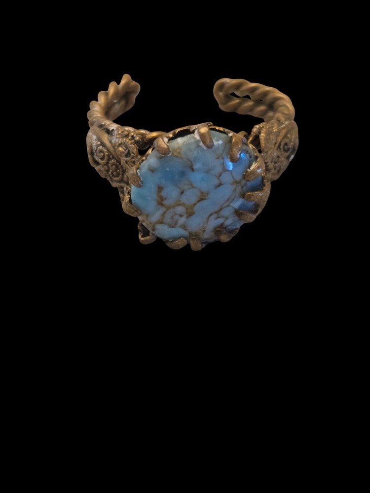 Vintage Bronze Adjustable Ring With Turquoise Stone & Ornate Scrollwork Design