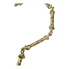 Vintage Brutalist Gold-Tone Necklace Organic Twig Chain w/ Green Stone Pendant