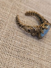 Vintage Bronze Adjustable Ring With Turquoise Stone & Ornate Scrollwork Design